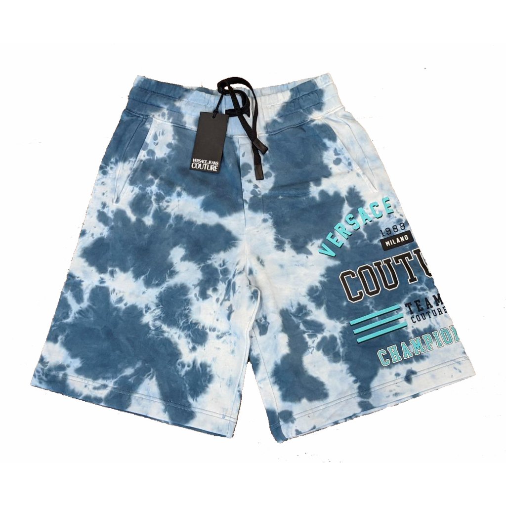 New! $525 Versace Jeans Couture Shorts! Xxl Blue & White Tie-Dye & Huge Graphic